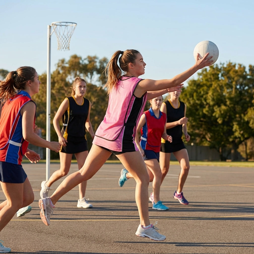 Reversible netball bibs in various colours and sizes, perfect for sports clubs