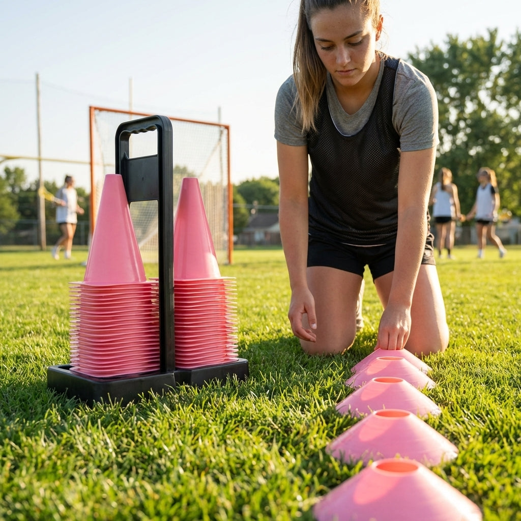 Lacrosse training marker cones in various vibrant colours