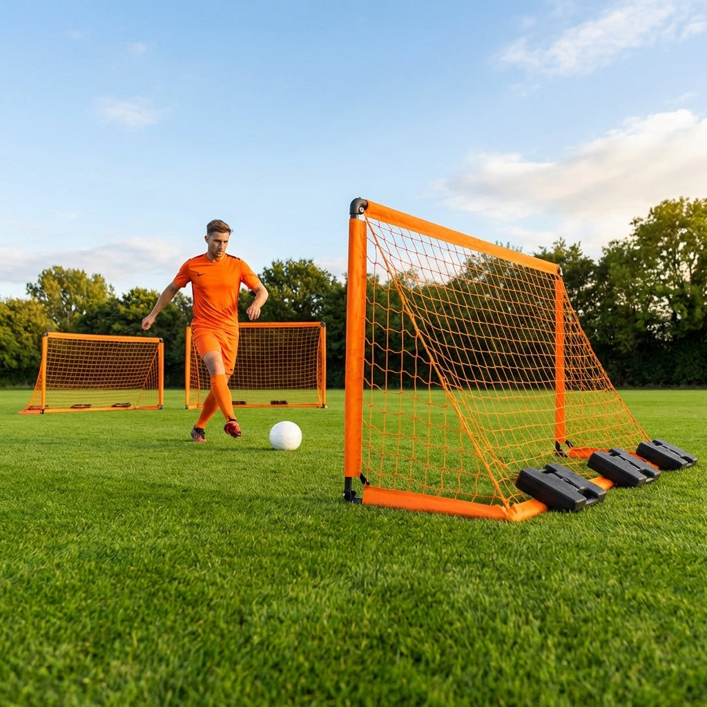 Folding football goal with aluminium frame and high-impact net
