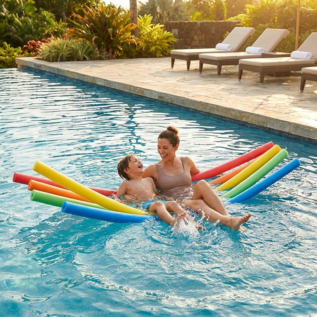 Swimming pool noodles in vibrant colours made from EVA foam
