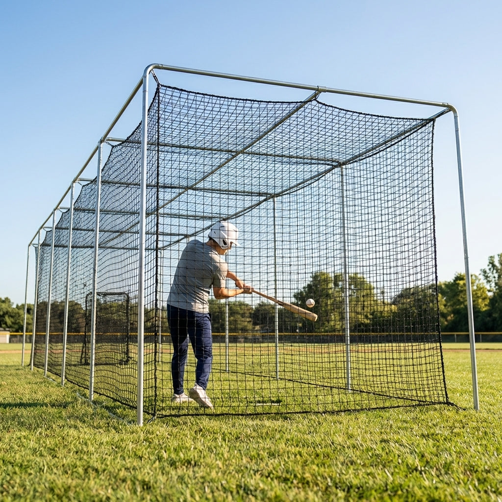 Black baseball batting cage nets made from HDPP twine for indoor and outdoor use