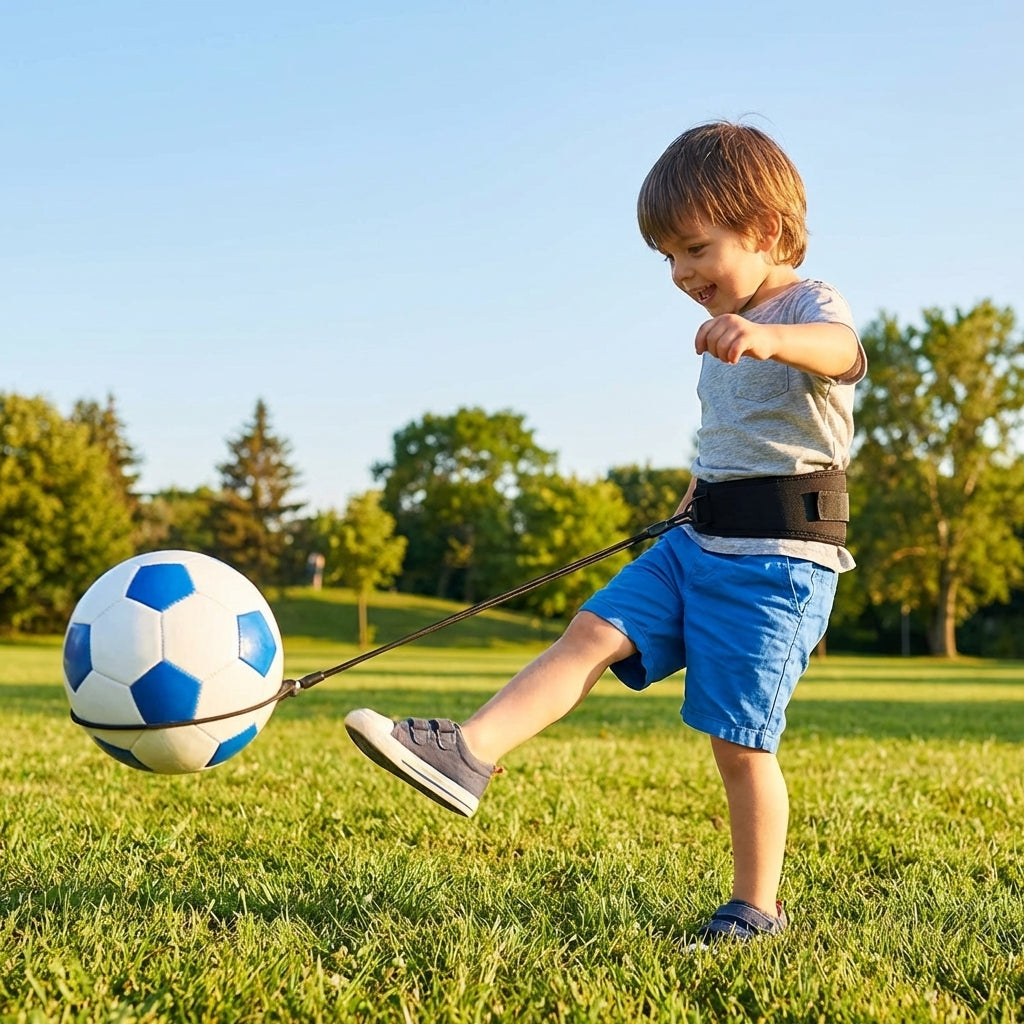 Football kick trainer with adjustable neoprene belt and training ball