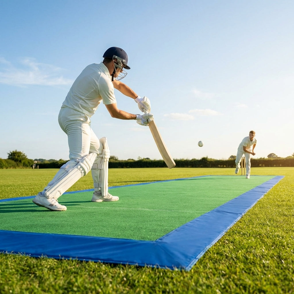 Premium cricket matting with blue surround for indoor and outdoor use