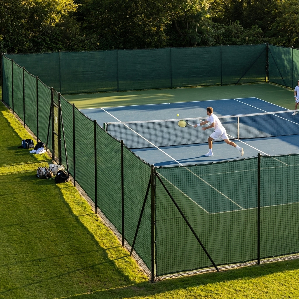 Removable tennis court surround system with steel posts and HDPP netting