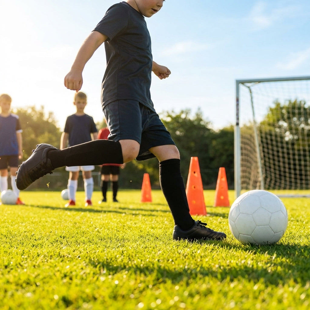 Football socks in various sizes made from a durable polyester blend