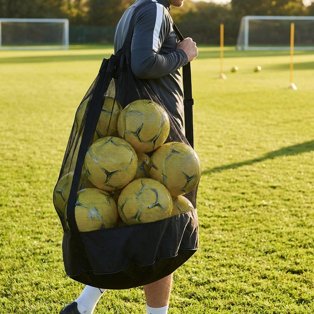 Football carry bag with 12 footballs, durable mesh