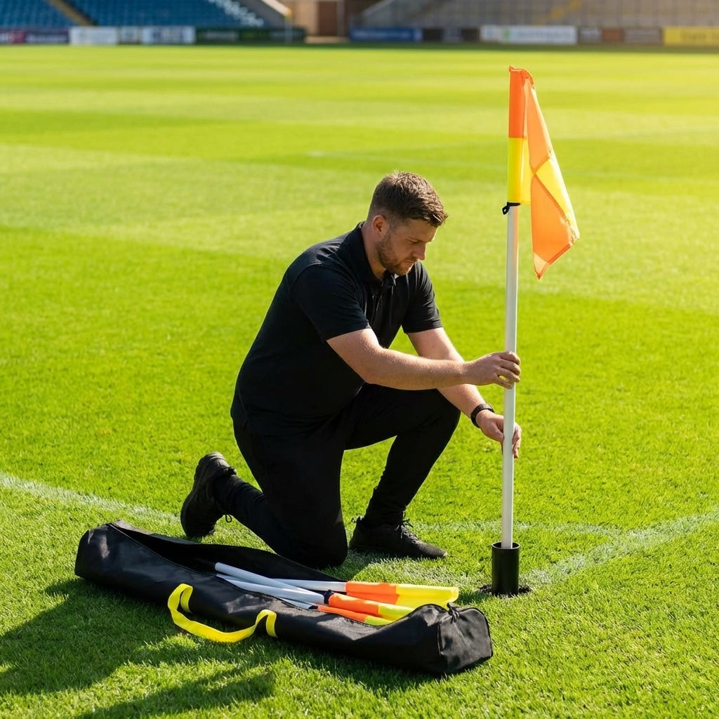 Football corner poles with fluro yellow/orange flags