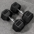 Hex dumbbells with rubber ends and chrome handles