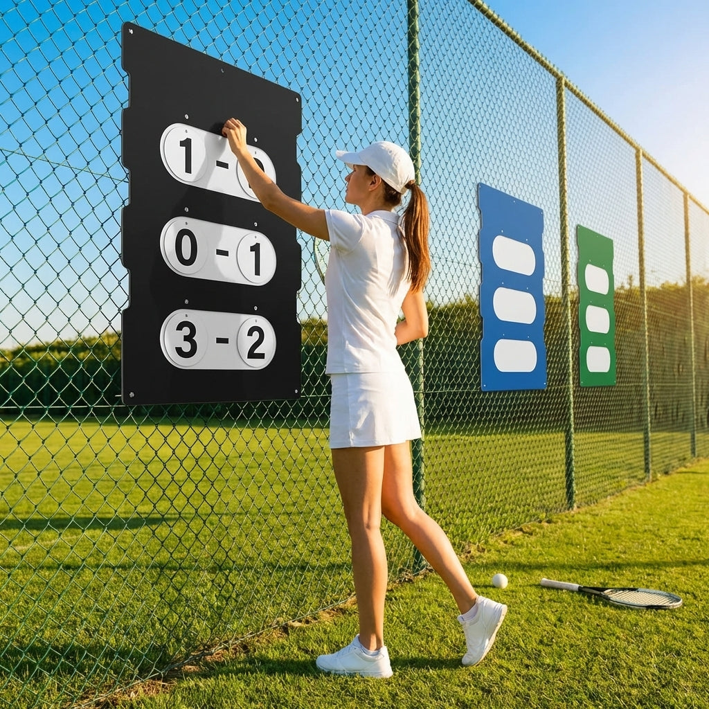 Portable tennis scoreboard with UV stabilised materials, available in 3 sizes and colours