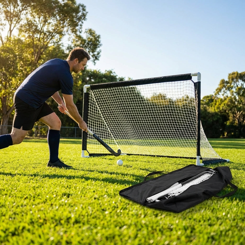 Pop up hockey goals with durable steel frame for indoor and outdoor use