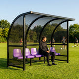 Fixed team shelter with aluminium frame and polycarbonate panels for sports