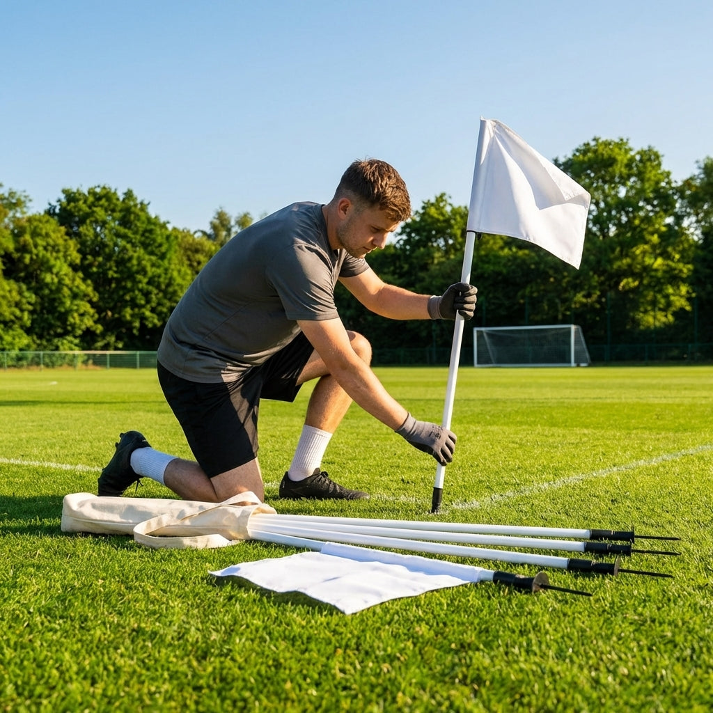 Spring-loaded football corner flags in various colours with weatherproof PVC poles