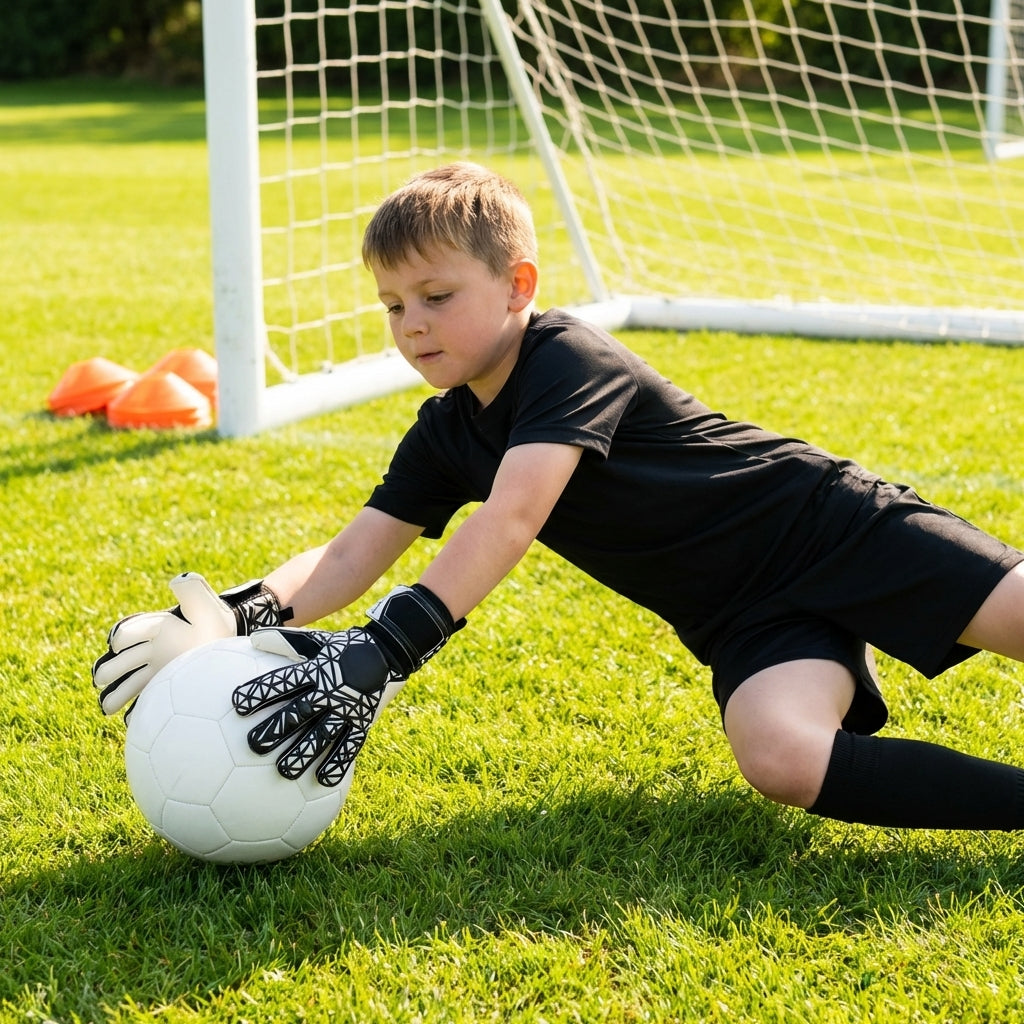 Hybrid goalkeeper gloves in white and black with neoprene backhand