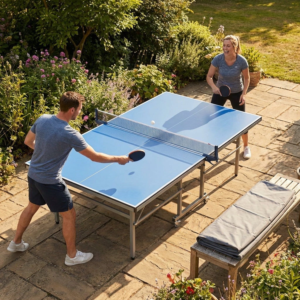 Outdoor table tennis table with steel frame and blue resin top