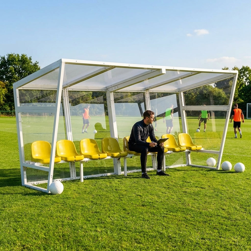 Heavy duty aluminium team shelter with moulded seats