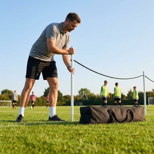 Football crowd control barrier with PVC poles for outdoor use