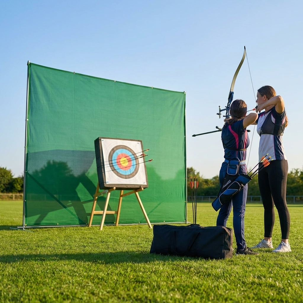 Archery netting stop system with steel frame and polyester mesh