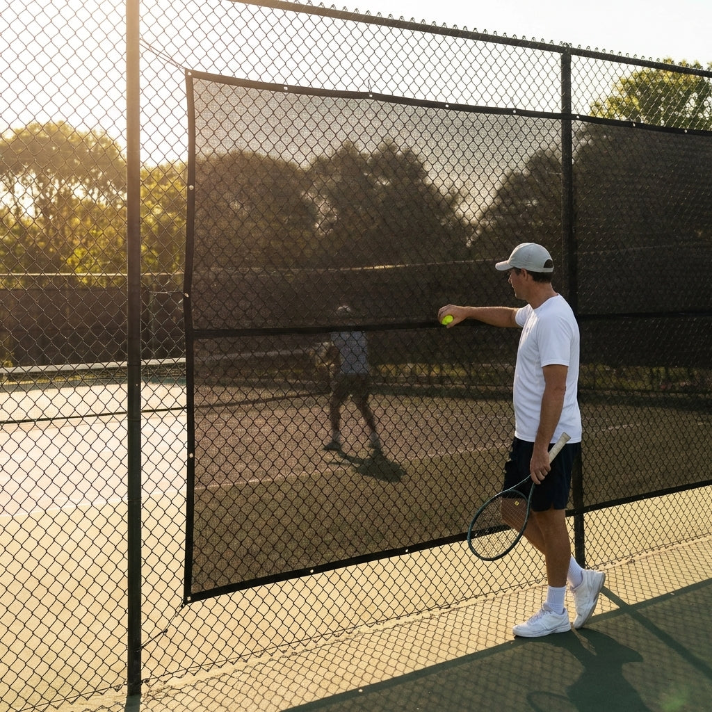 Green Tennis Court Windbreaks on an outdoor tennis court