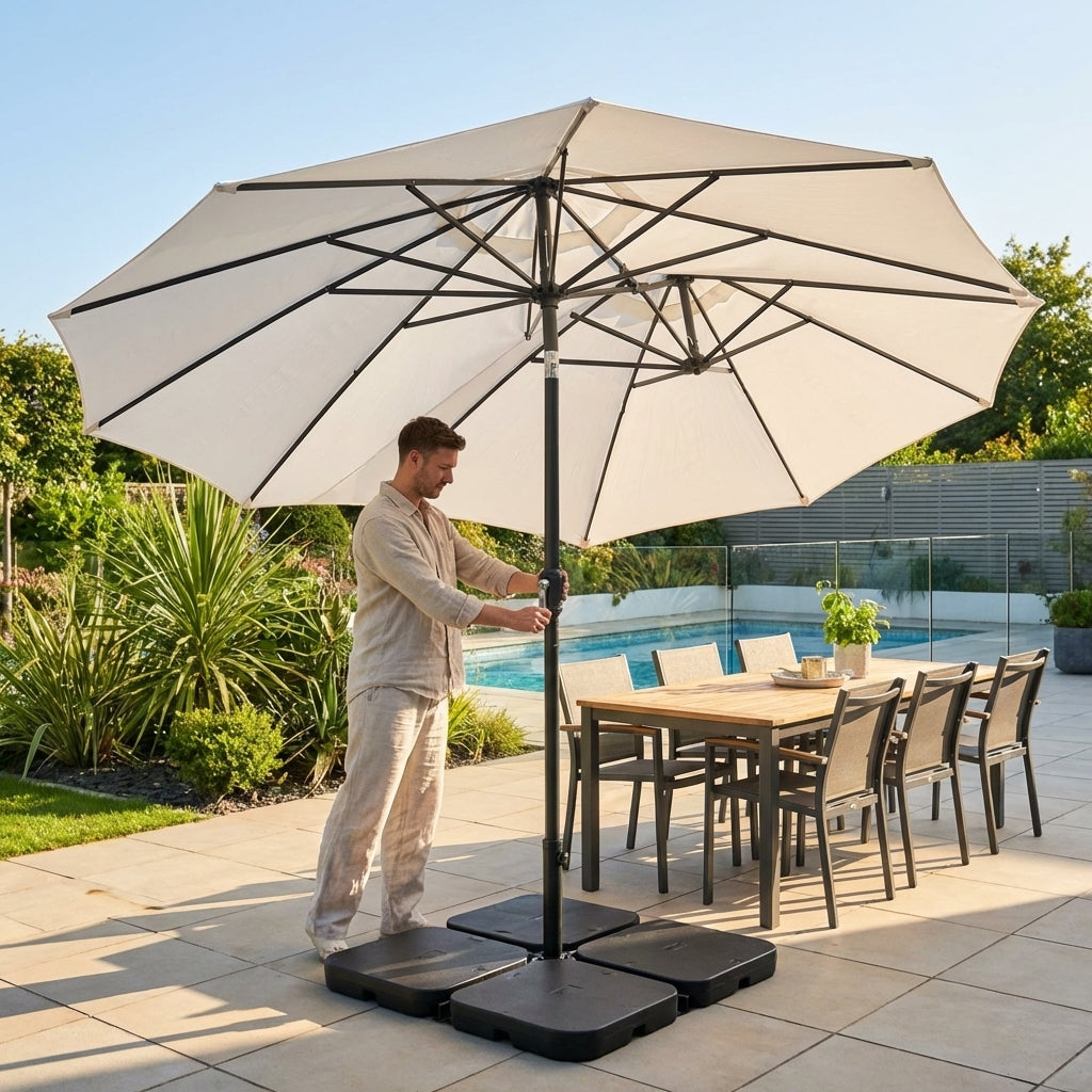 Double-sided garden parasol providing outdoor shade with steel frame