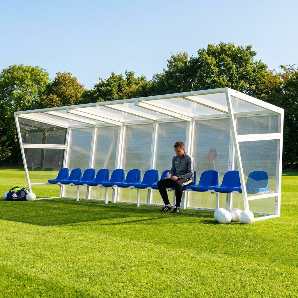 Heavy duty aluminium team shelter with moulded seats