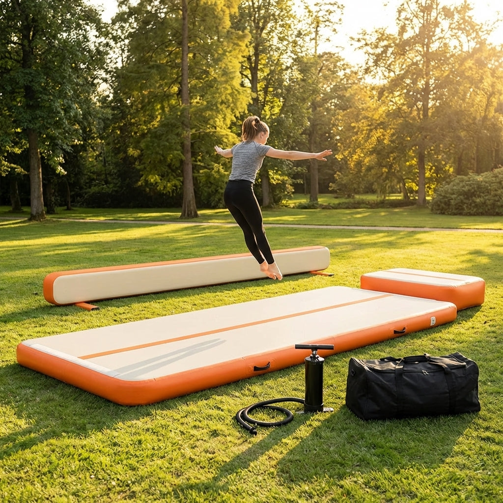 Inflatable gymnastics mat set including mat, beam, and block in use