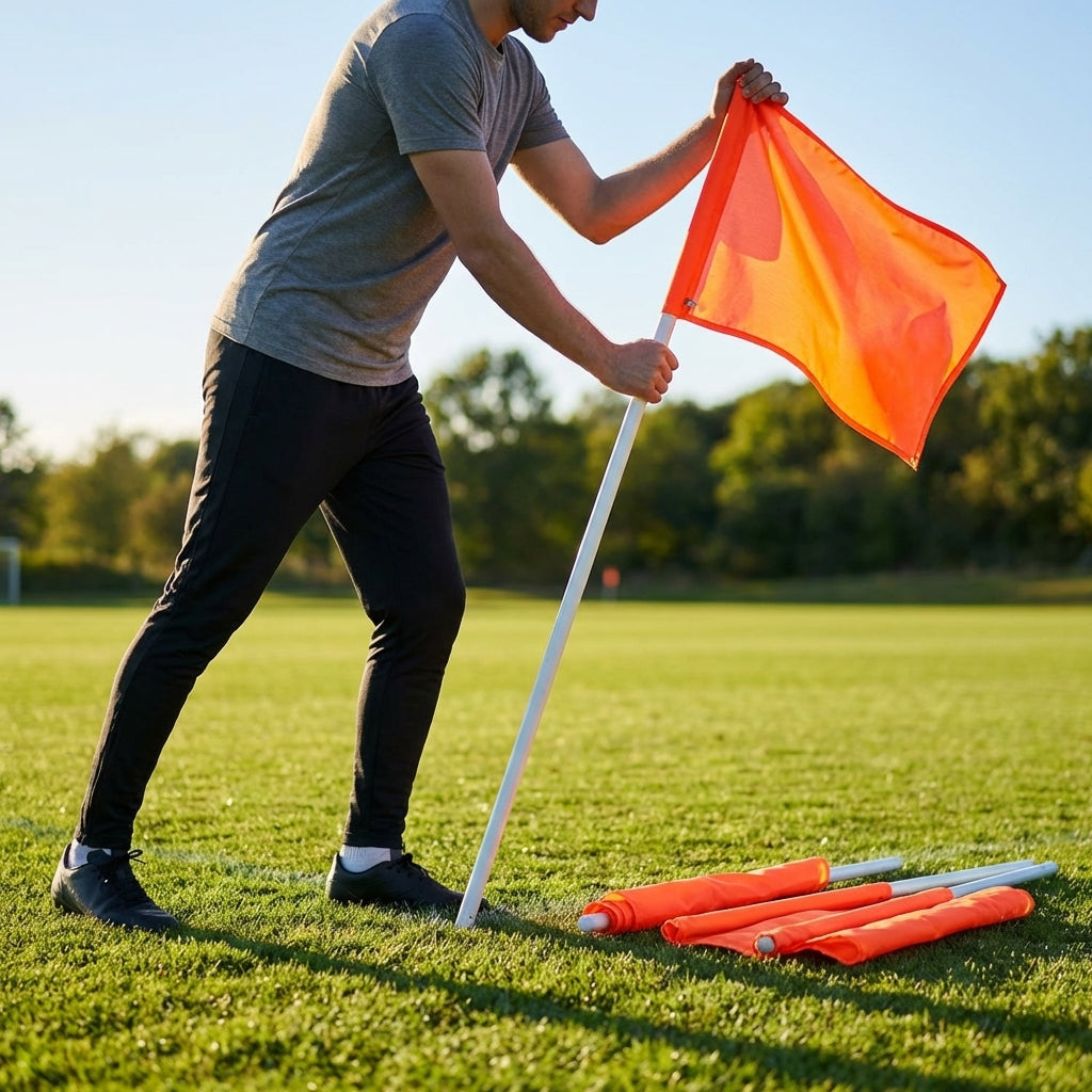 Football corner flag set with bright nylon flags and PVC poles