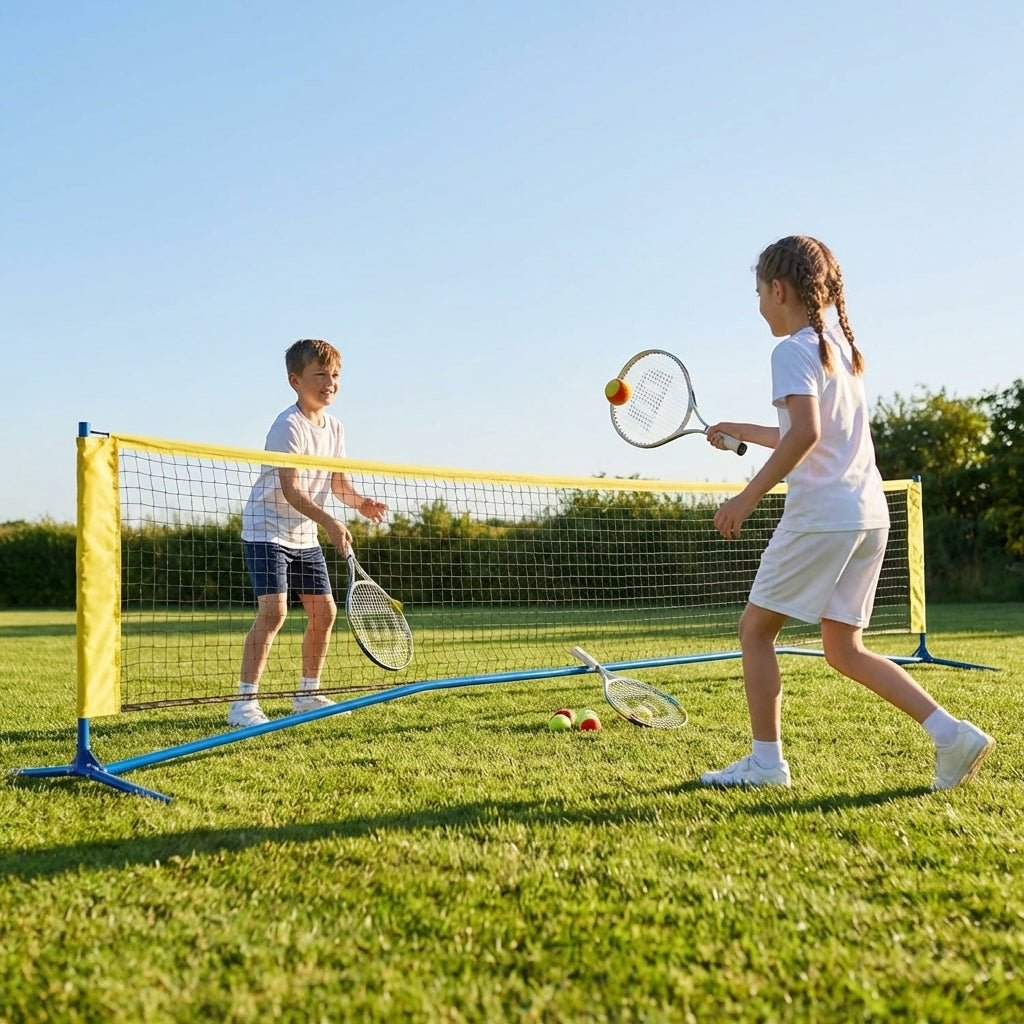 Mini Tennis Net Set with rackets and balls, perfect for backyard and club use