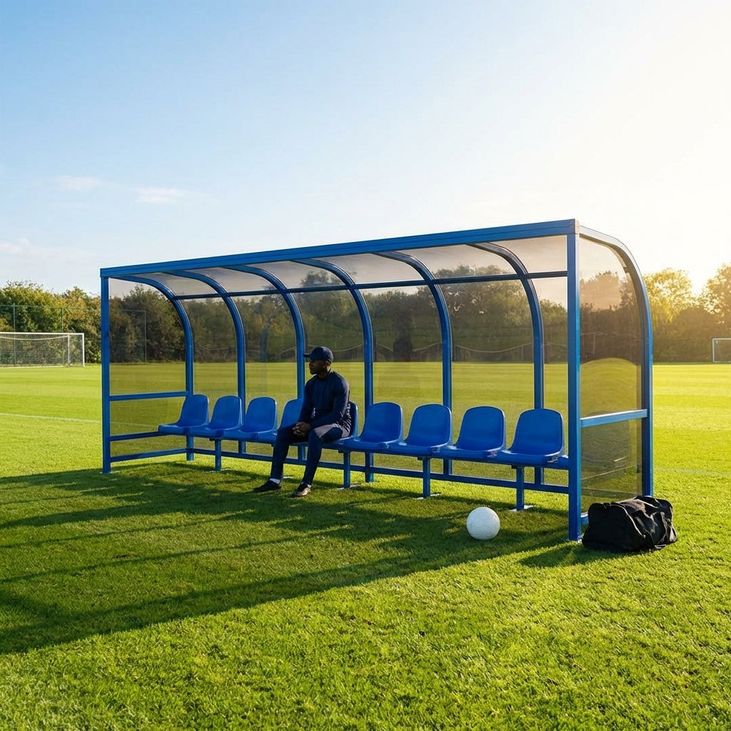 Fixed team shelter with aluminium frame and polycarbonate panels for sports