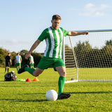 Men's striped football kit with shirt, shorts, and socks