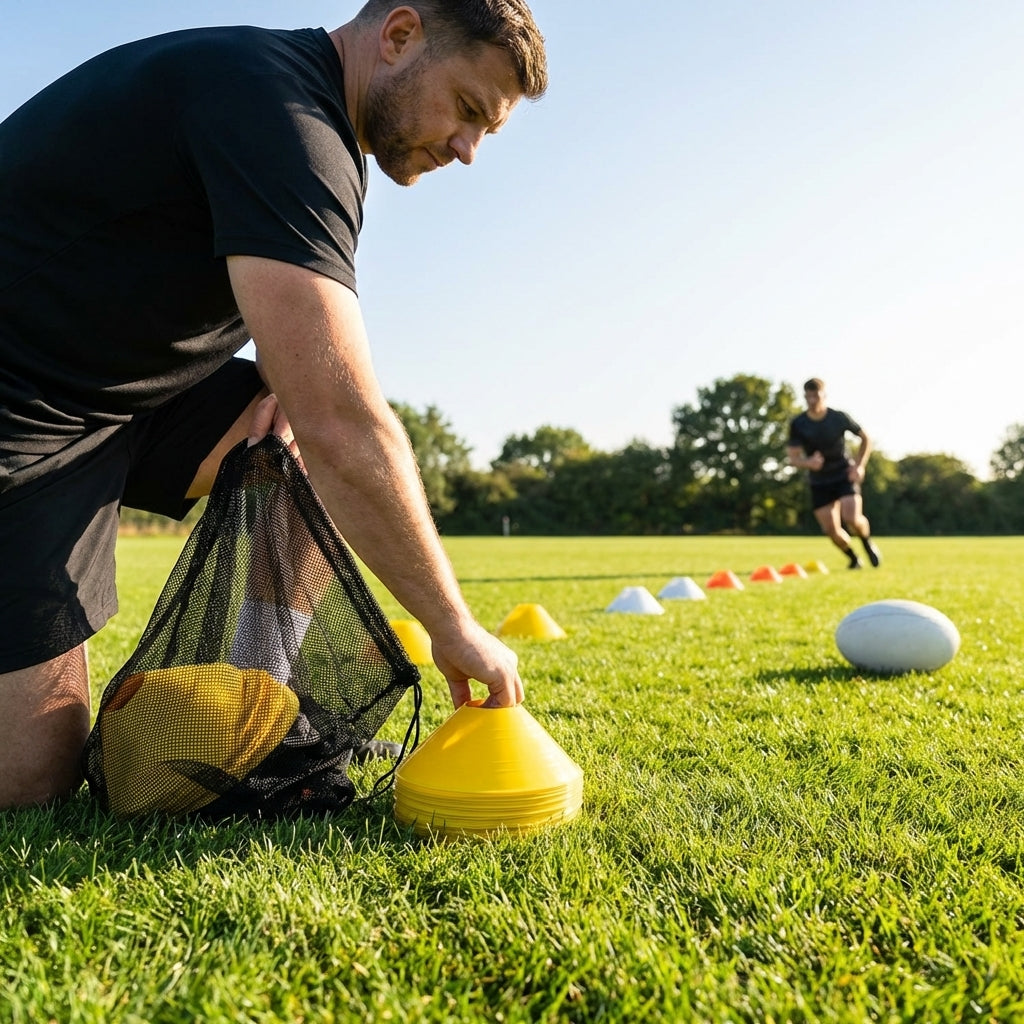 Rugby training marker cones in vibrant colours