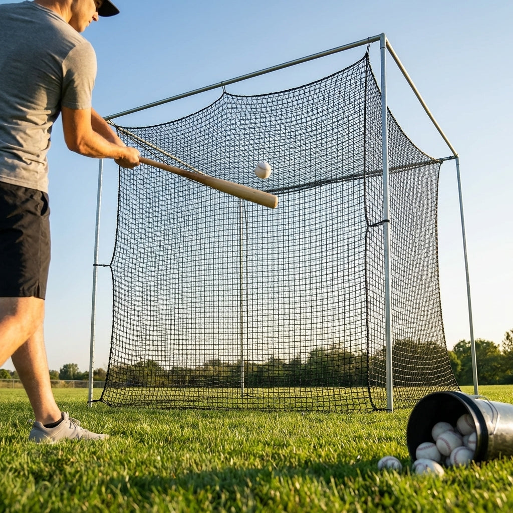 Black baseball batting cage nets made from HDPP twine for indoor and outdoor use