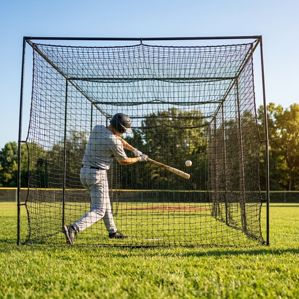 Black baseball batting cage nets made from HDPP twine for indoor and outdoor use