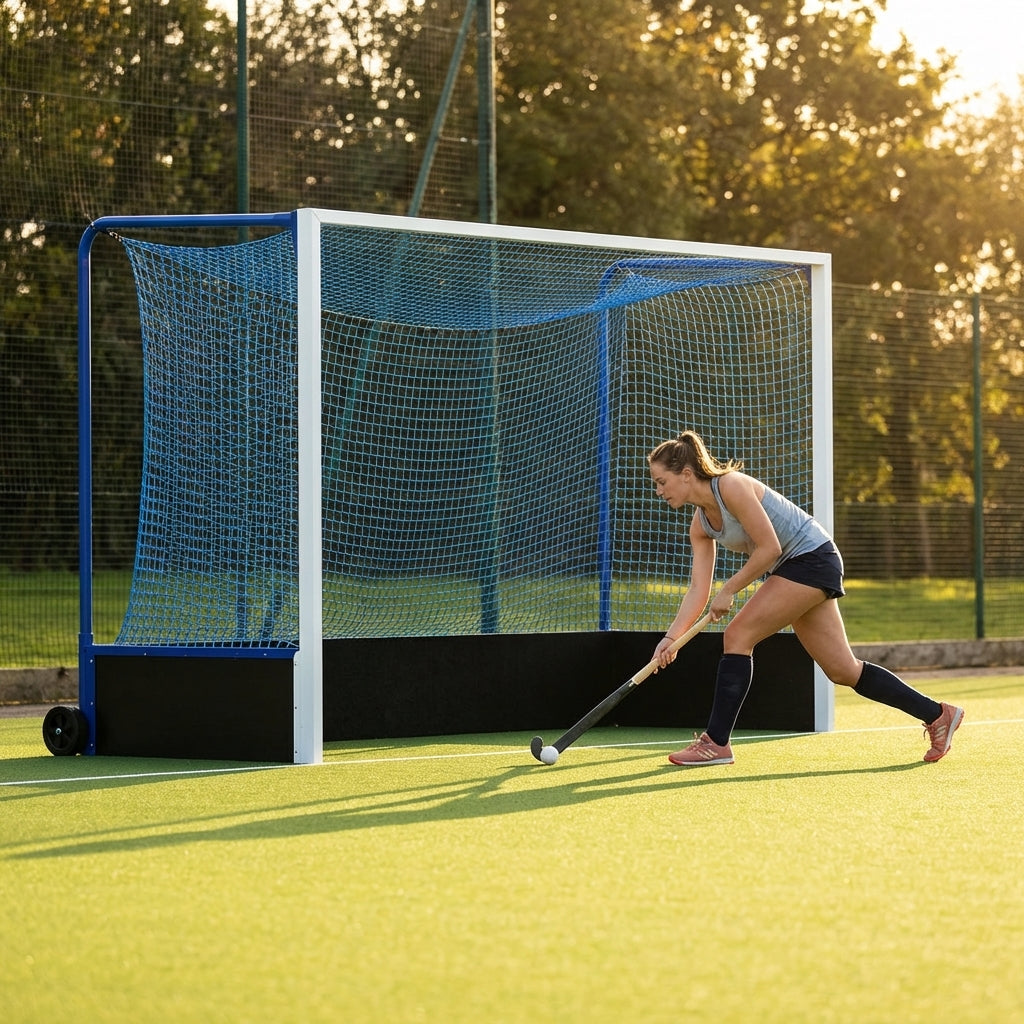 Aluminium hockey goal with HDPE net, 12ft x 7ft, for tournament use