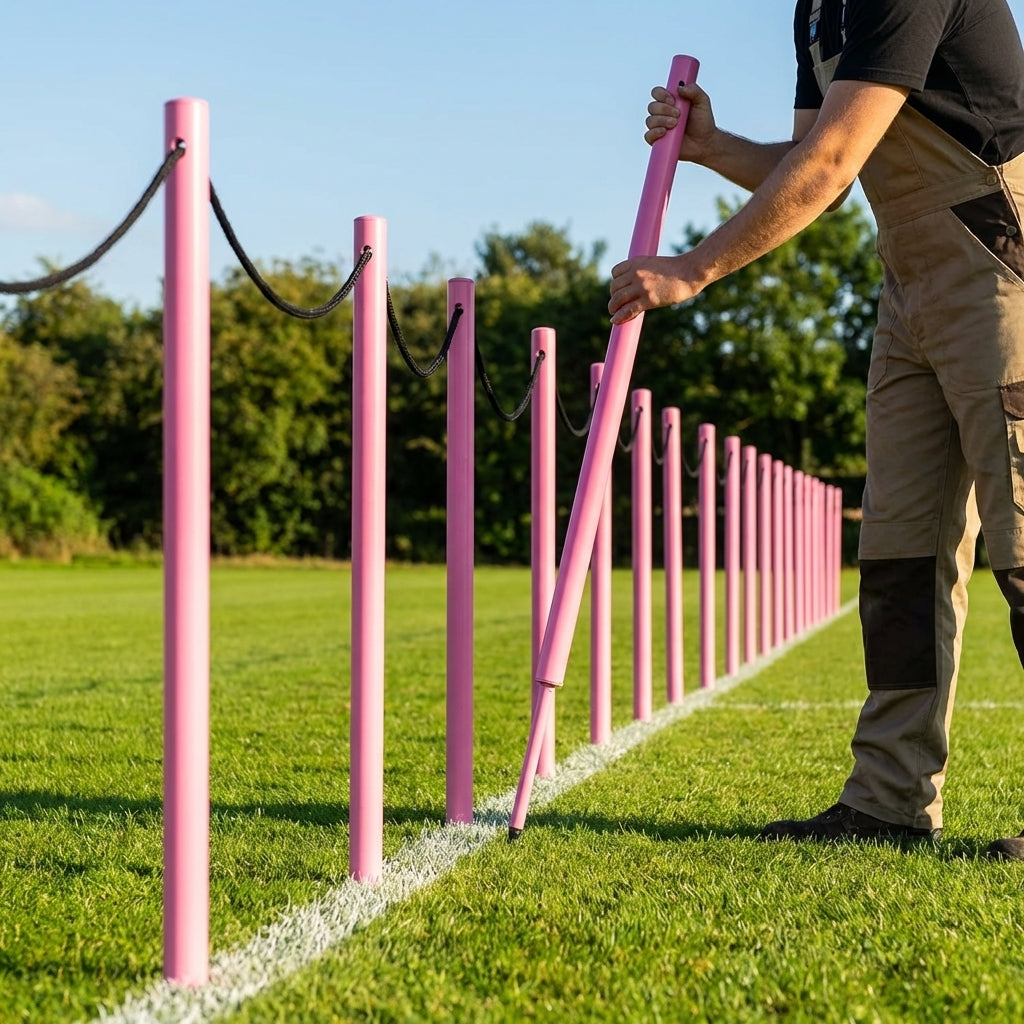 Football crowd control barrier with PVC poles for outdoor use