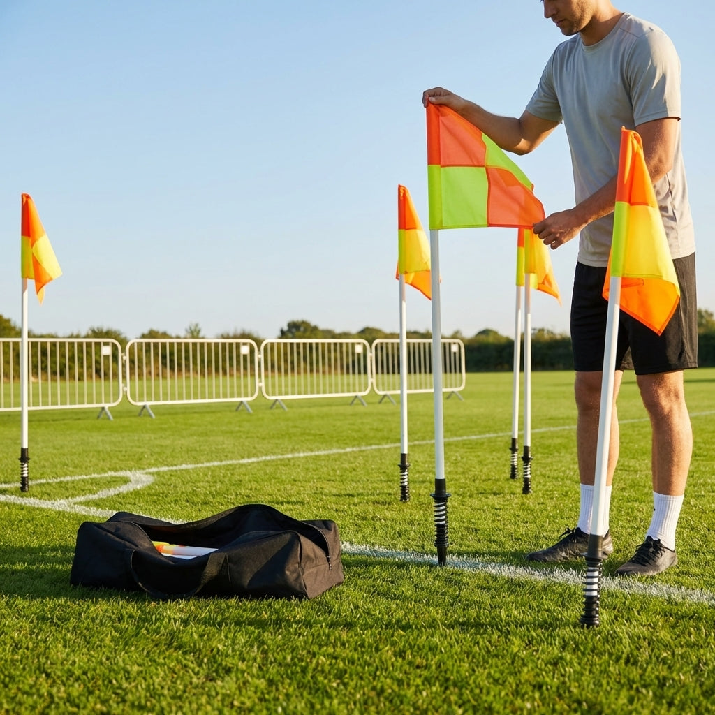 Spring-loaded football corner flags in various colours with weatherproof PVC poles