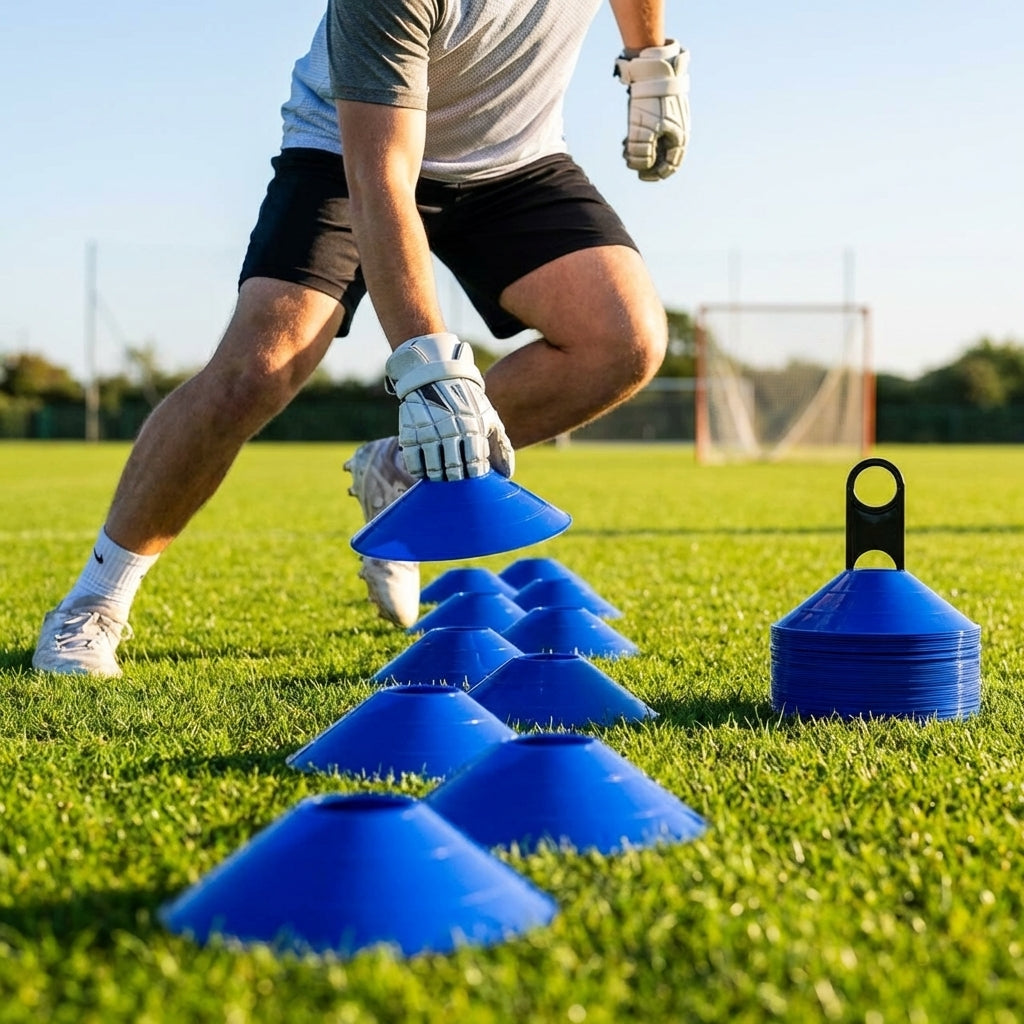 Lacrosse training marker cones in various vibrant colours