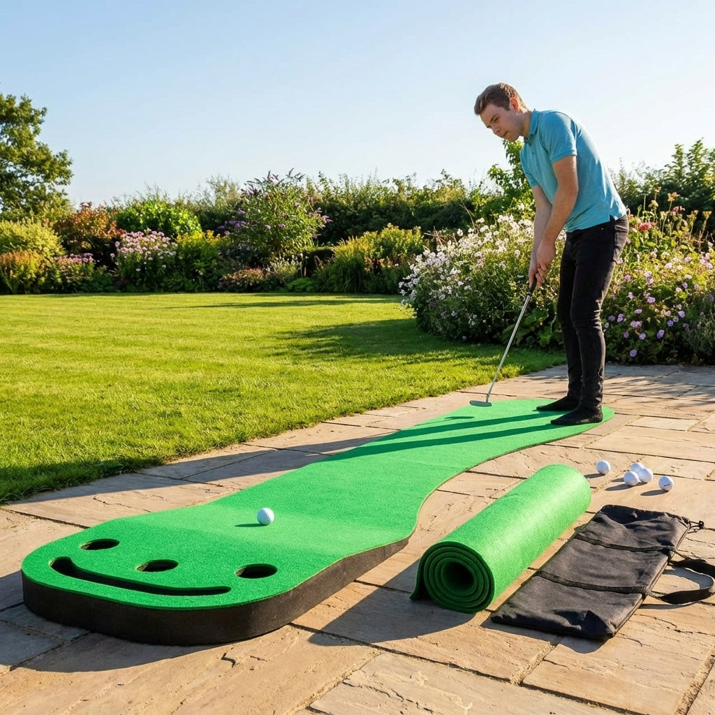 Golf putting mat with non-crease polyester surface for indoor and outdoor use