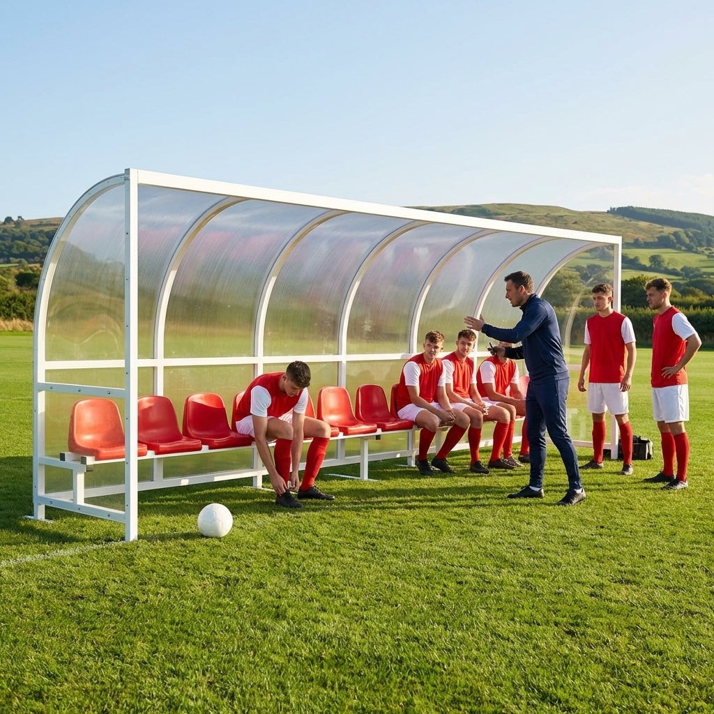 Heavy duty aluminium team shelter with moulded seats