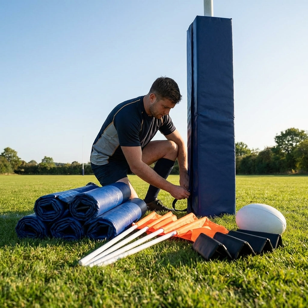 Rugby ground equipment package with foam-padded protectors and custom flags