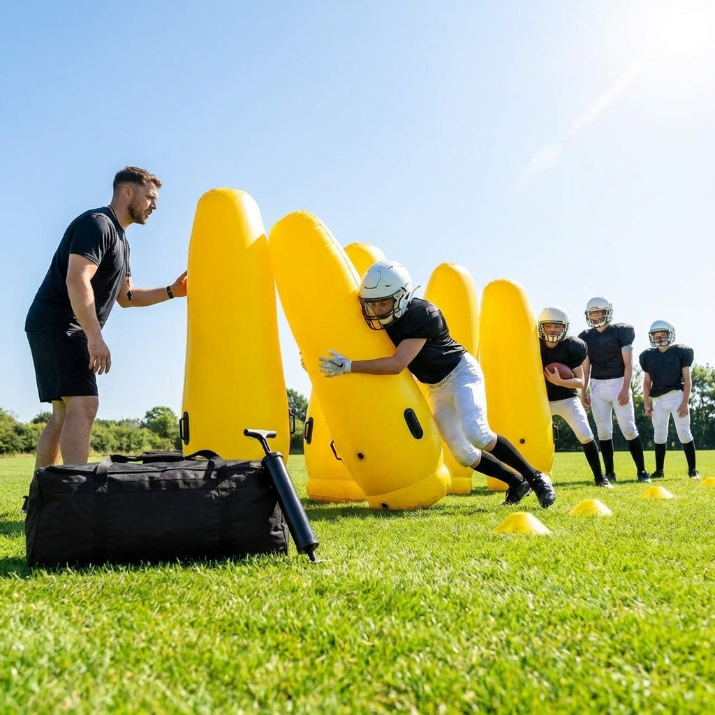 High-visibility American football training dummies in yellow PVC