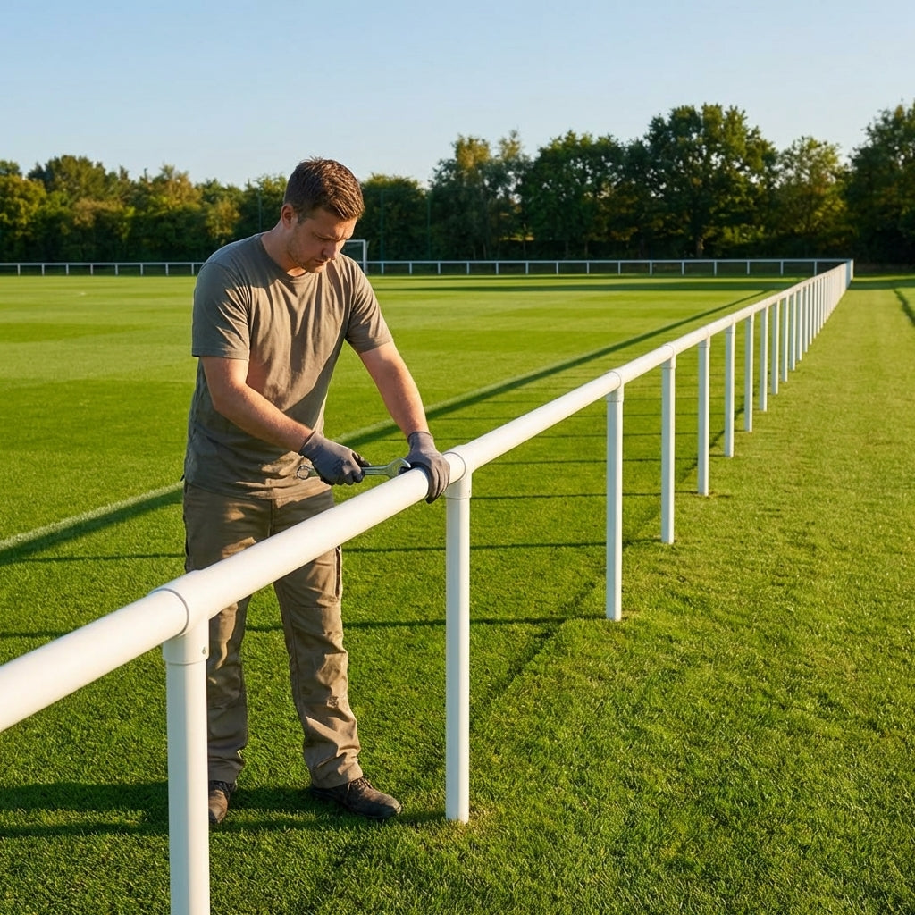 Football pitch barrier made of galvanised steel for club grounds