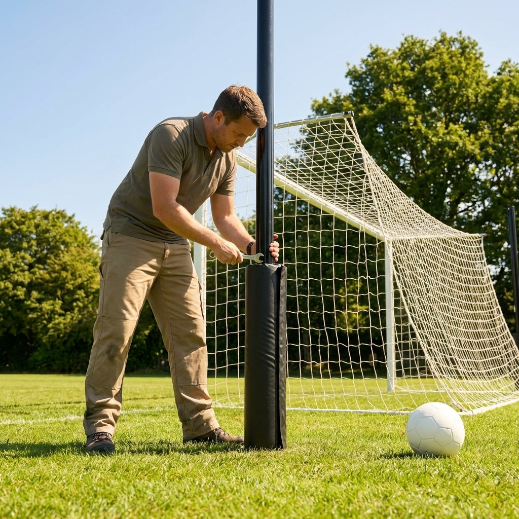 Steel net support stanchions for stadium football goals