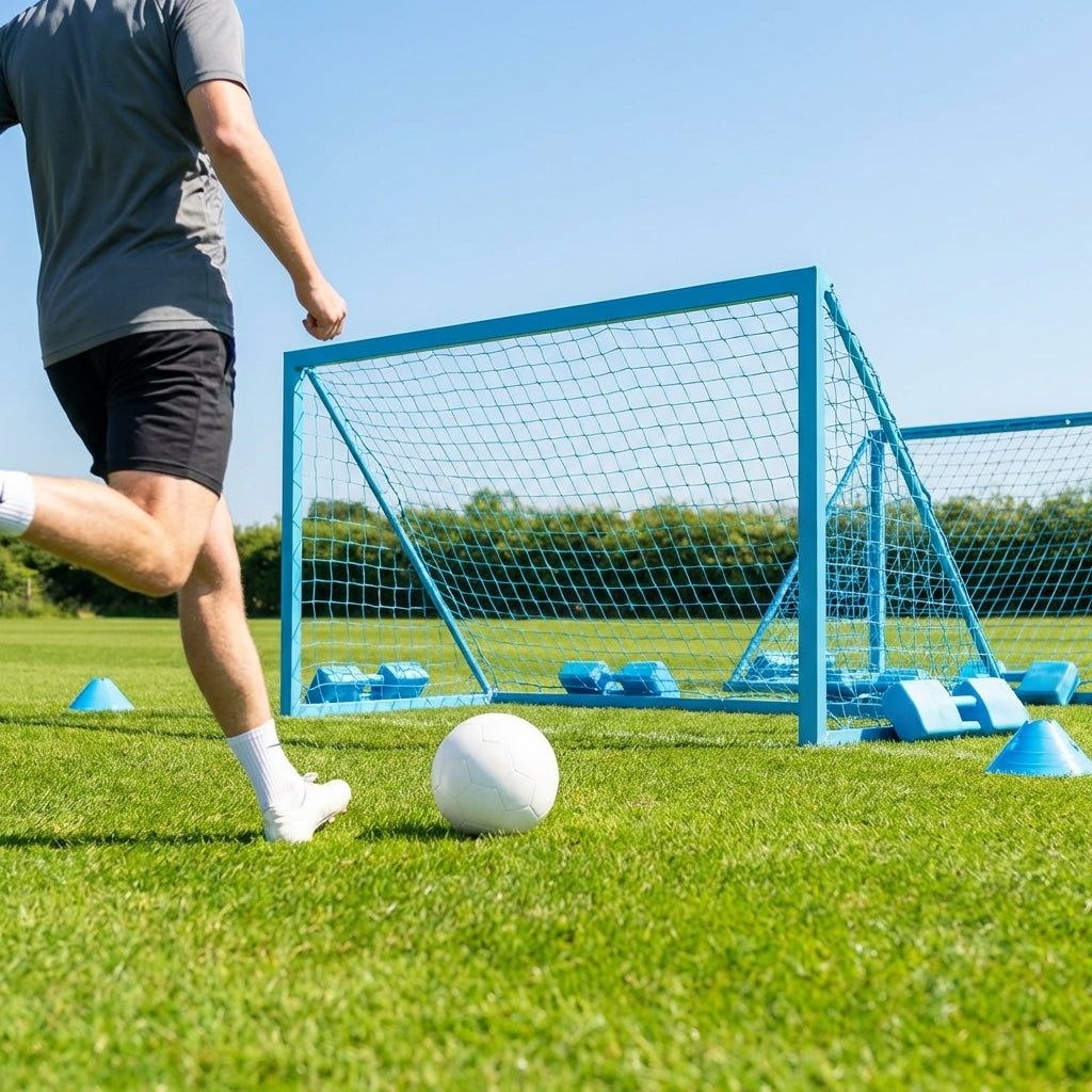 Folding football goal with aluminium frame and high-impact net