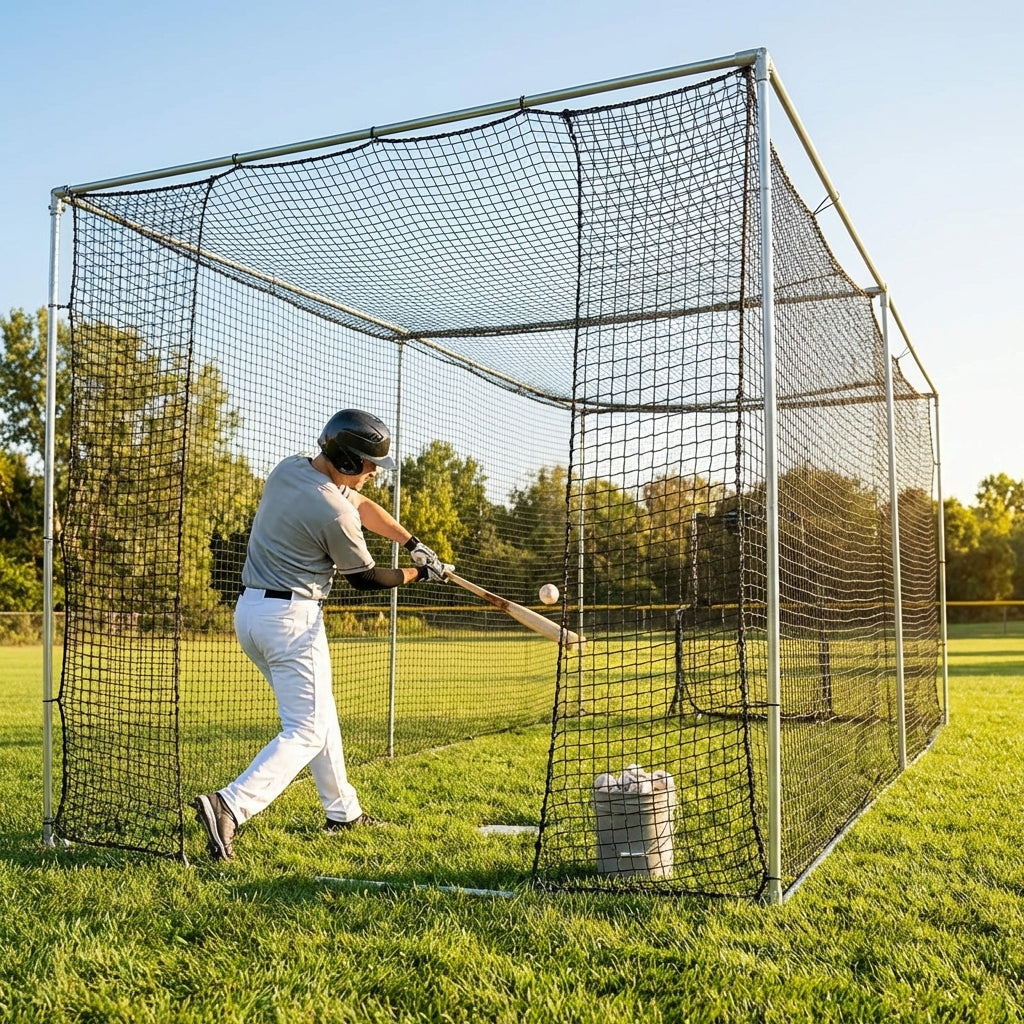 Black baseball batting cage nets made from HDPP twine for indoor and outdoor use