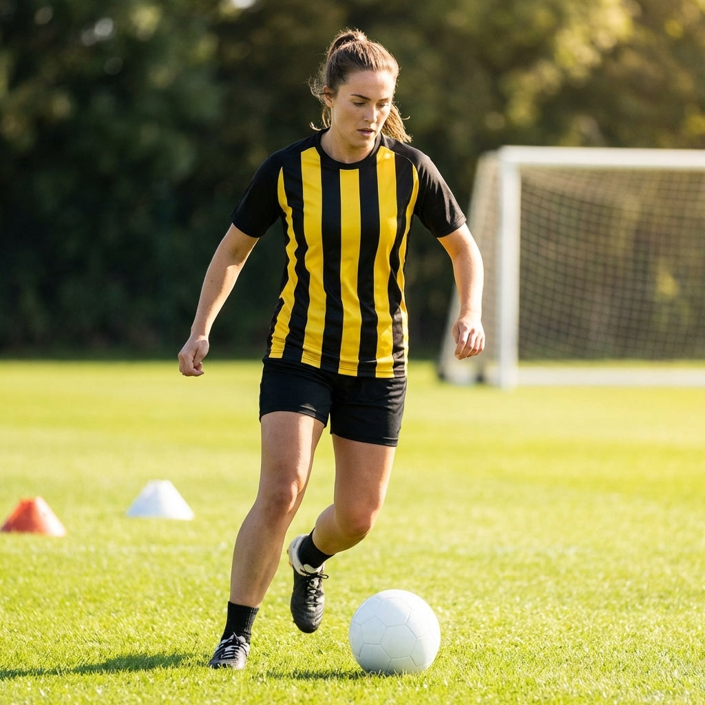 Women's striped football shirts in various colours and sizes