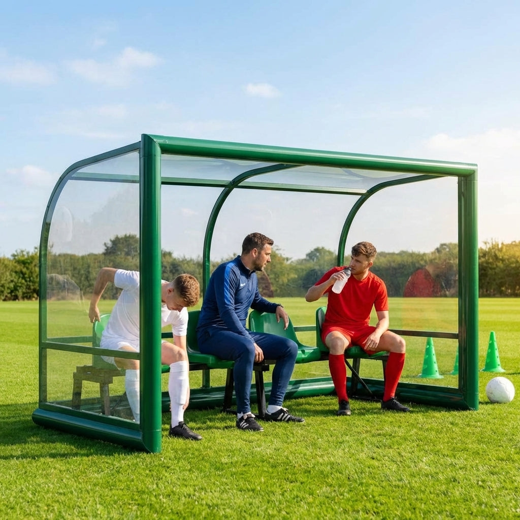 Fixed team shelter with aluminium frame and polycarbonate panels for sports