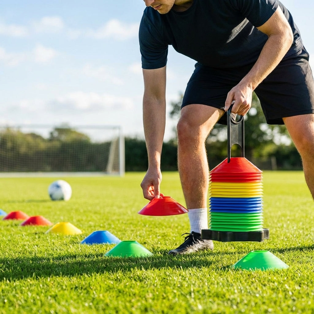 Lacrosse training marker cones in various vibrant colours