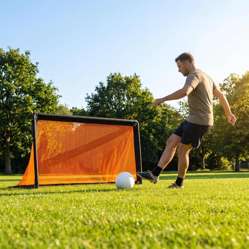 Folding football goal with aluminium frame and high-impact net