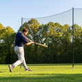 Ball stop netting system with steel posts and HDPP netting