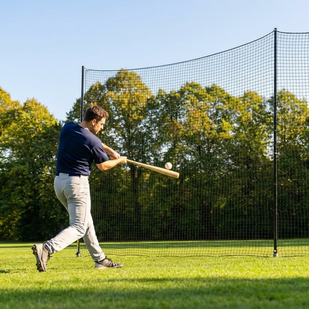 Ball stop netting system with steel posts and HDPP netting